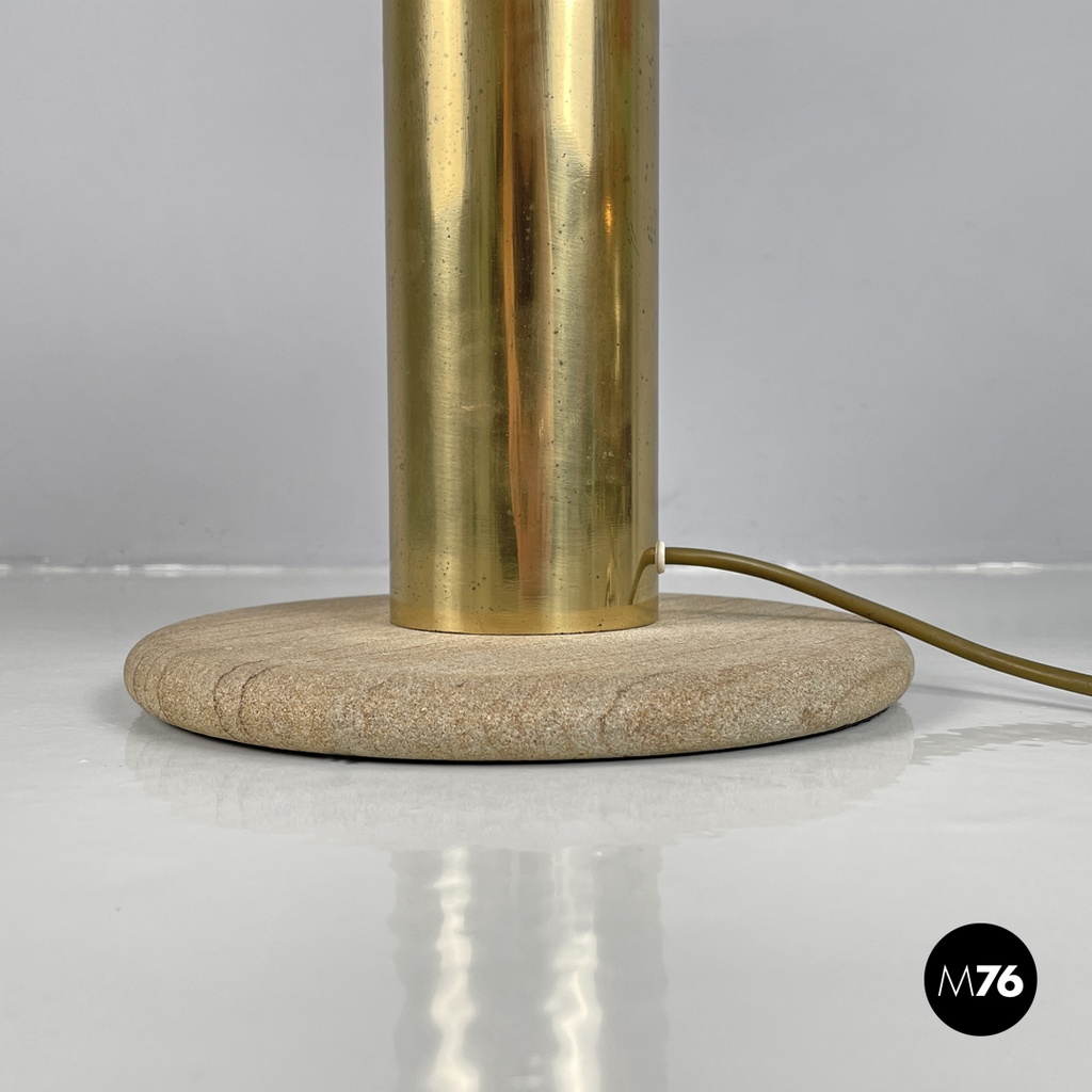 Italian modern golden brass table lamp with a round beige marble base, 1970s