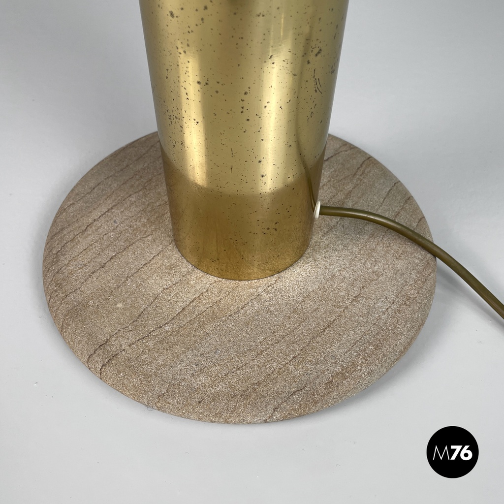 Italian modern golden brass table lamp with a round beige marble base, 1970s