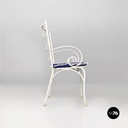 Italian mid century modern white iron garden chairs with blue pillows, 1960