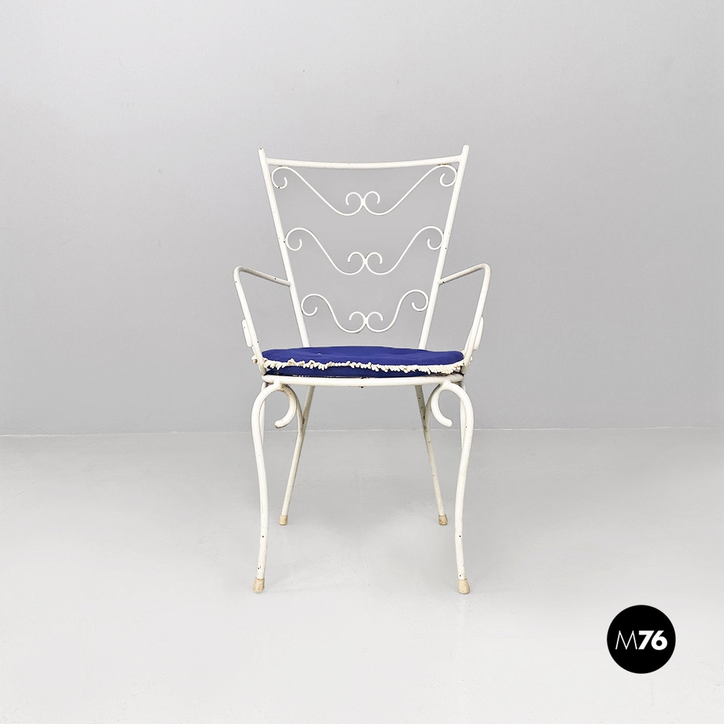 Italian mid century modern white iron garden chairs with blue pillows, 1960