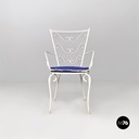 Italian mid century modern white iron garden chairs with blue pillows, 1960