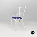 Italian mid century modern white iron garden chairs with blue pillows, 1960