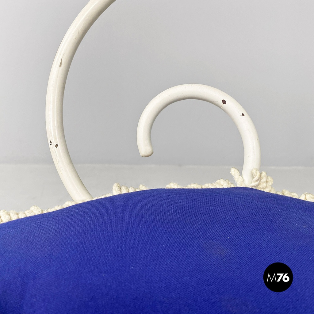 Italian mid century modern white iron garden chairs with blue pillows, 1960