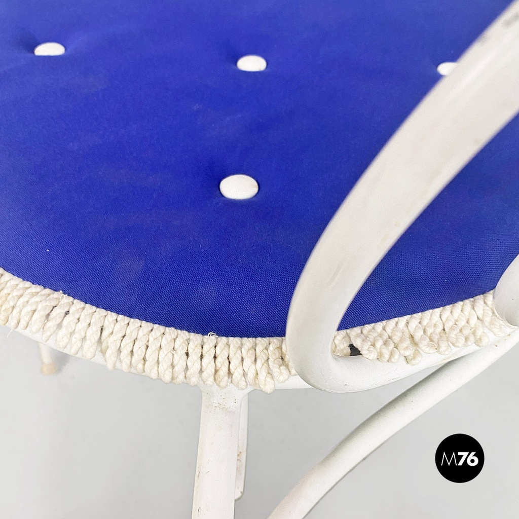 Italian mid century modern white iron garden chairs with blue pillows, 1960