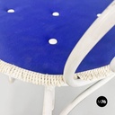 Italian mid century modern white iron garden chairs with blue pillows, 1960