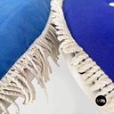 Italian mid century modern white iron garden chairs with blue pillows, 1960