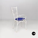Italian mid century modern white iron garden chairs with blue pillows, 1960