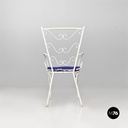 Italian mid century modern white iron garden chairs with blue pillows, 1960