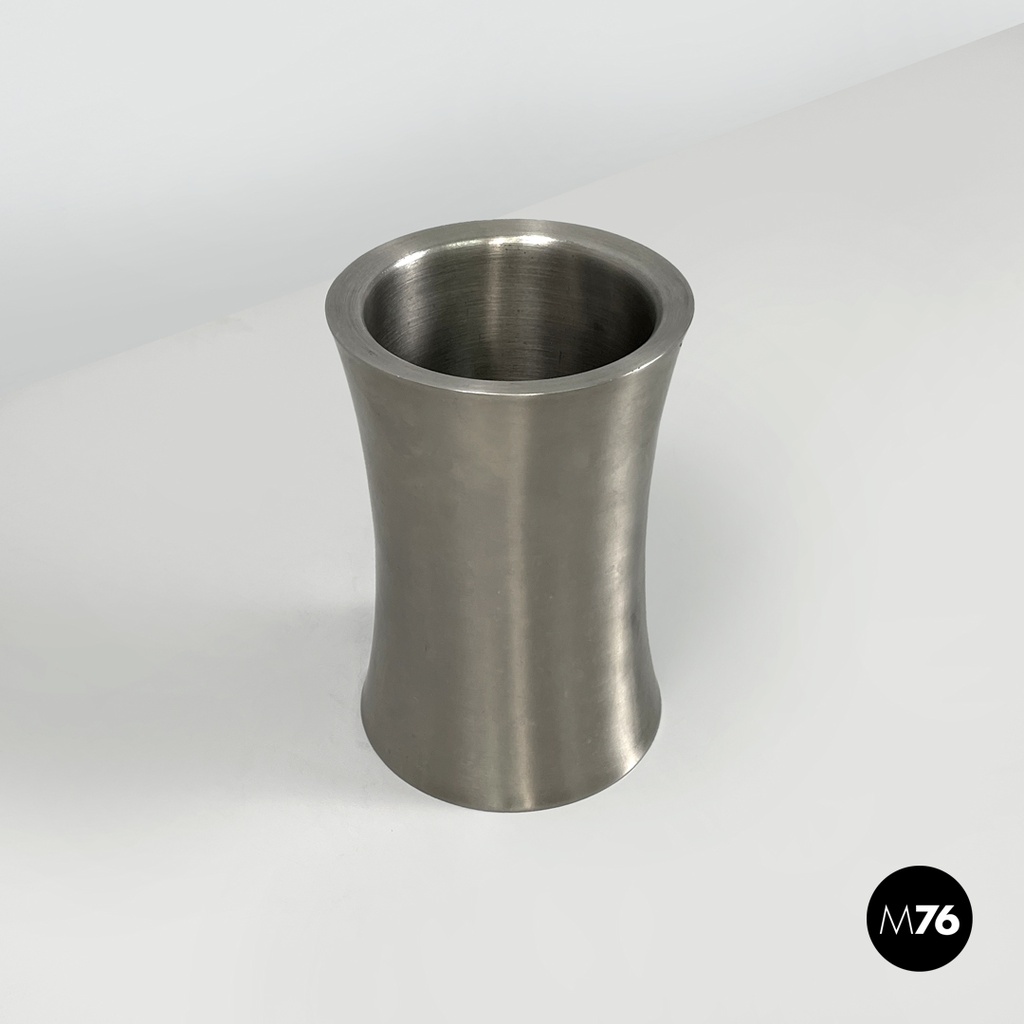 Italian post-modern silver colored round vase in stainless steel, 2000s