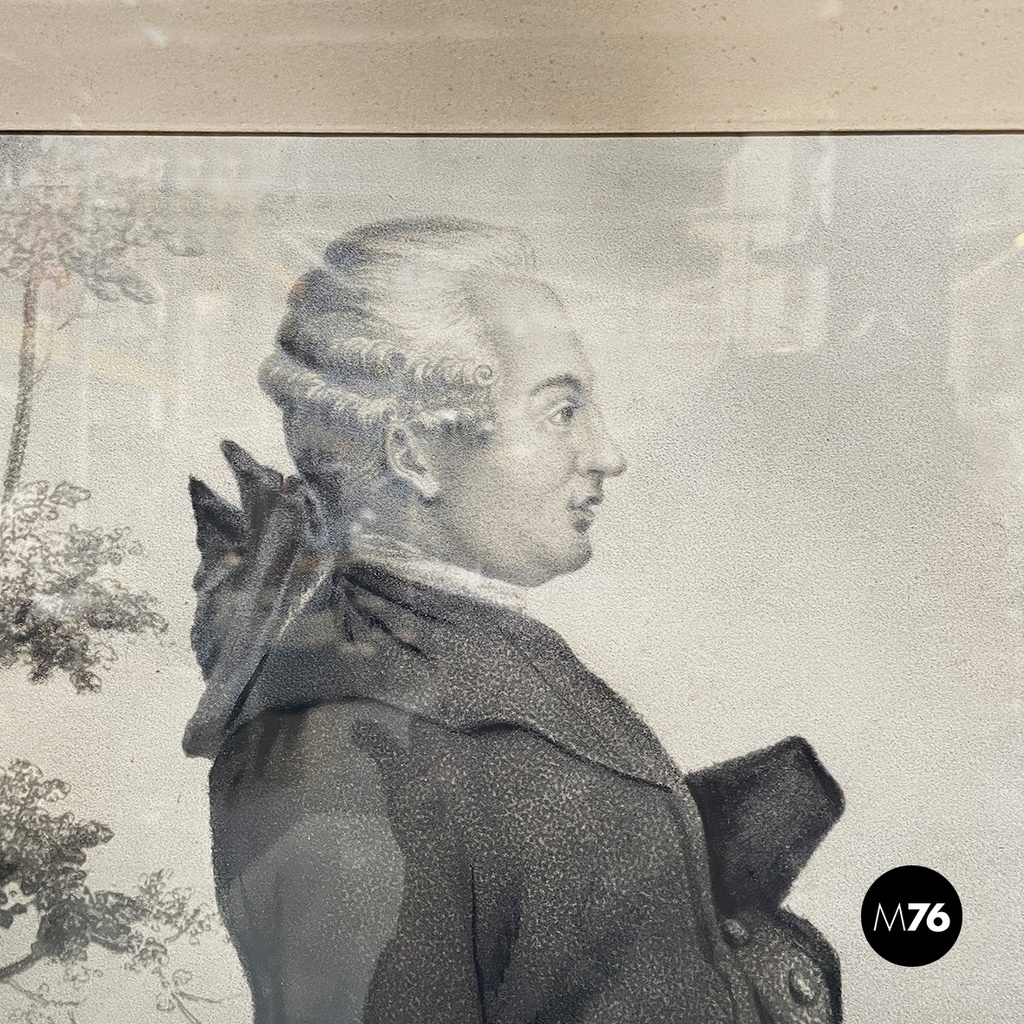 French Charcoal painting on paper of Beaumarchais in wooden frame, mid 1800s