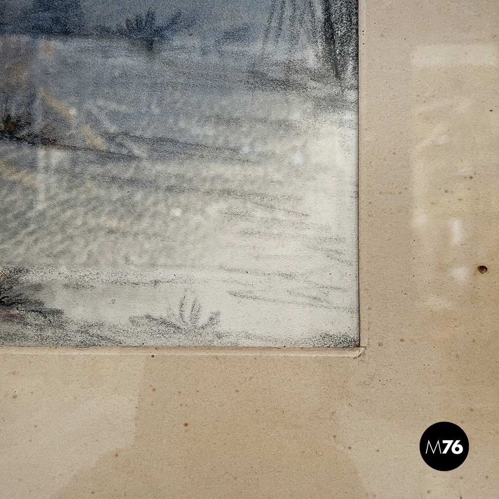 French Charcoal painting on paper of Beaumarchais in wooden frame, mid 1800s