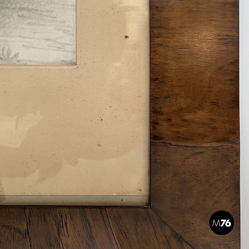 French Charcoal painting on paper of Beaumarchais in wooden frame, mid 1800s