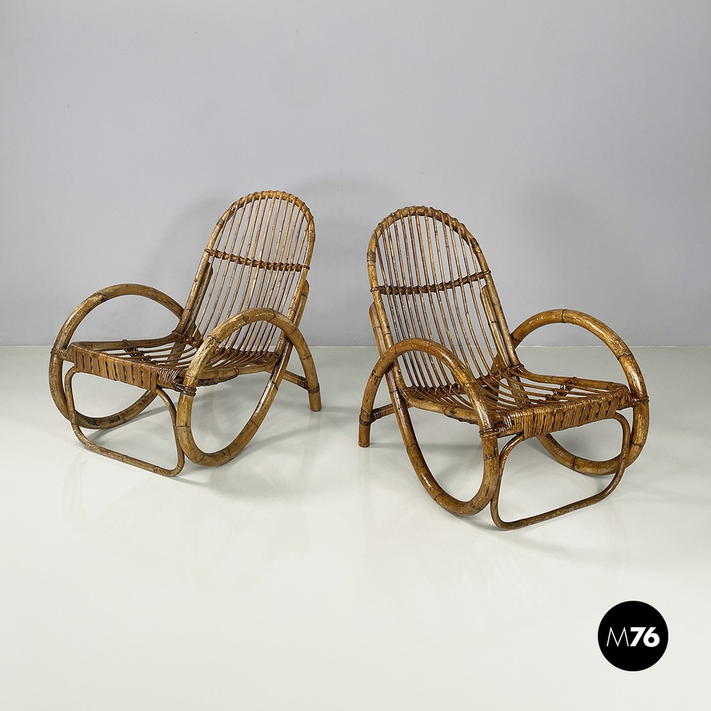 Italian mid-century modern Armchairs with armrests in curved rattan, 1960s
