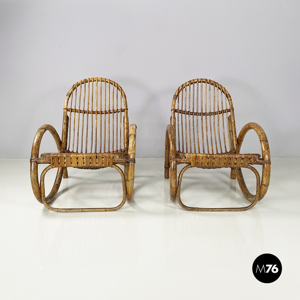 Italian mid-century modern Armchairs with armrests in curved rattan, 1960s