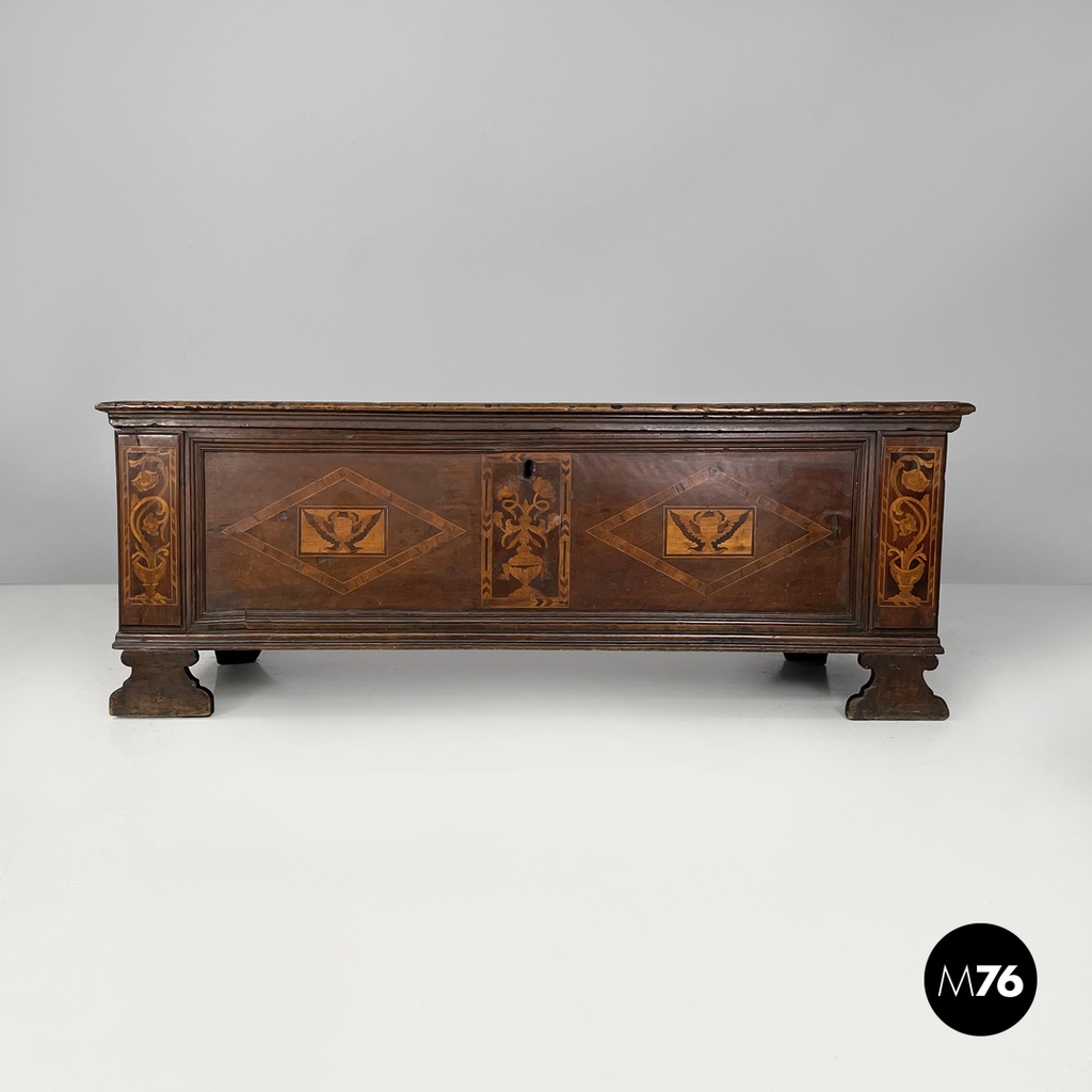 Italian antique wooden chest with inlay decorations and folding top, early 1800s