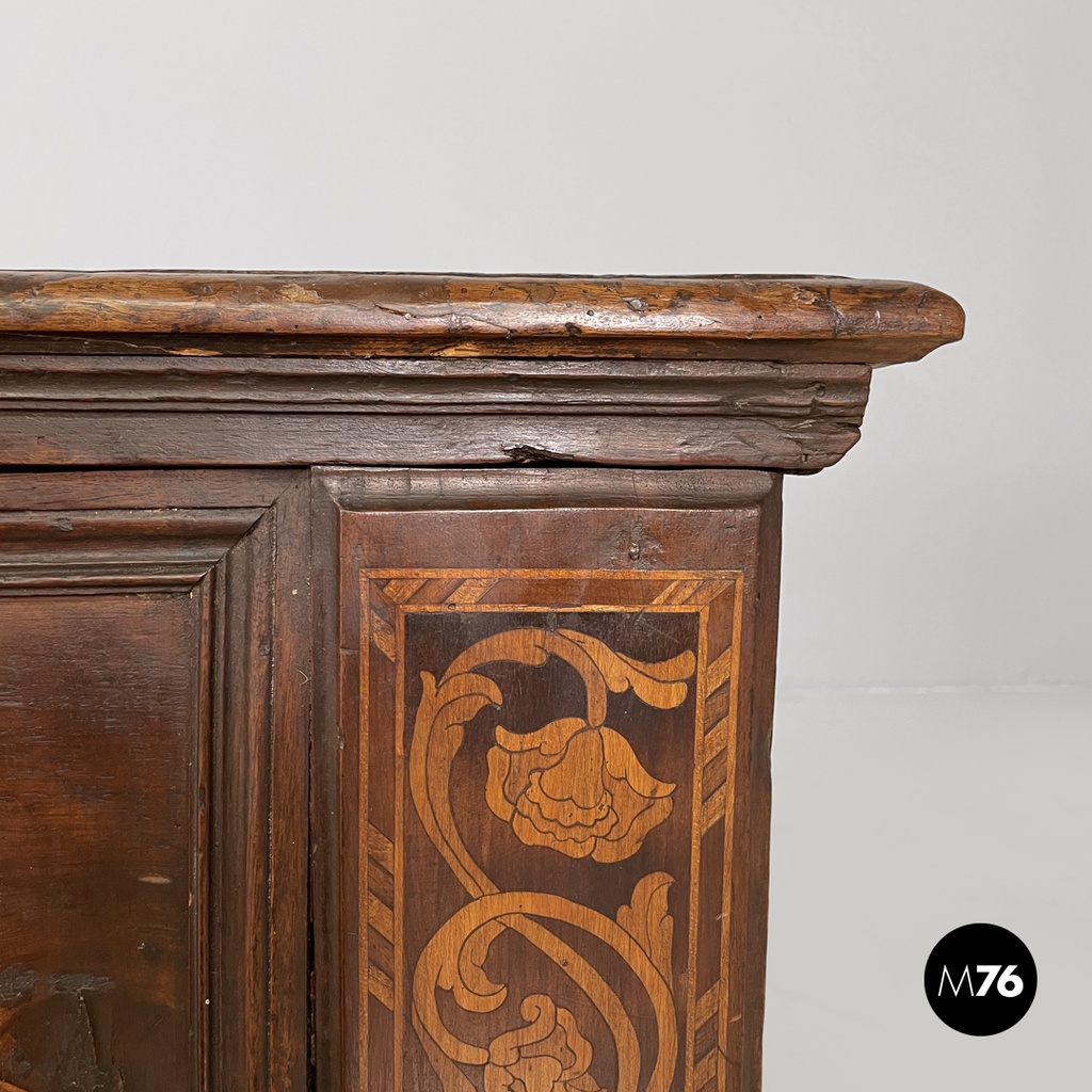 Italian antique wooden chest with inlay decorations and folding top, early 1800s