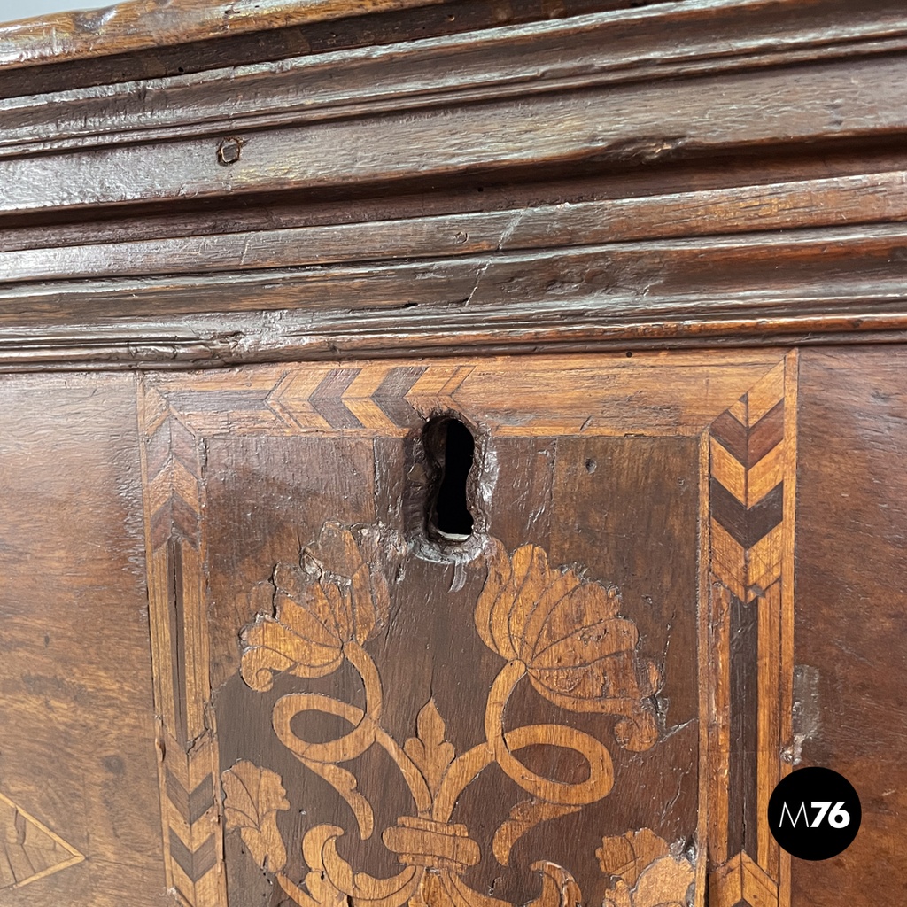 Italian antique wooden chest with inlay decorations and folding top, early 1800s