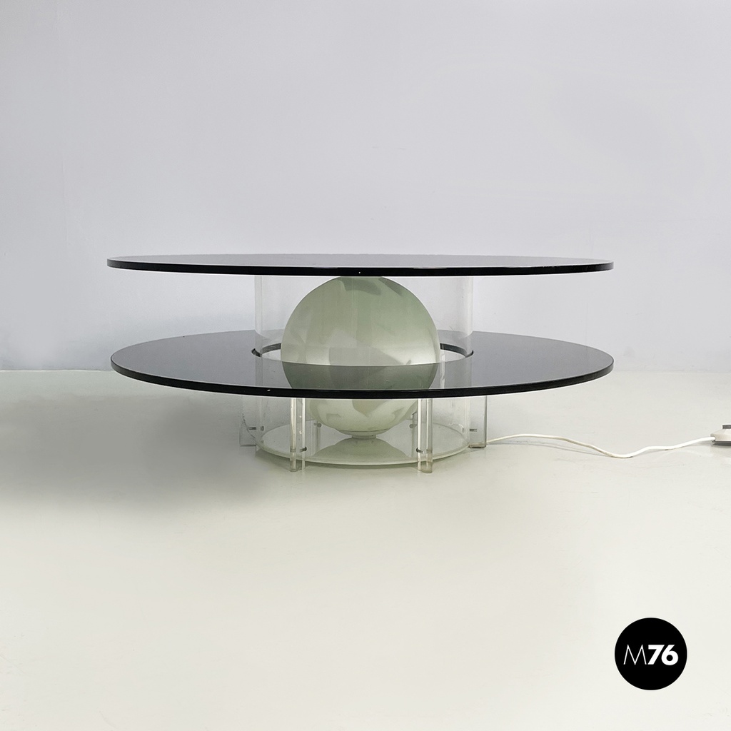 Italian space age Coffee table with lamp in smoked glass and plexiglass, 1970s