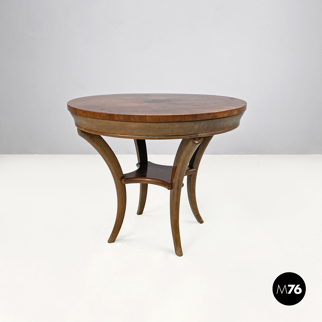 Italian antique wooden round coffee table with inlay decorations, early 1900s