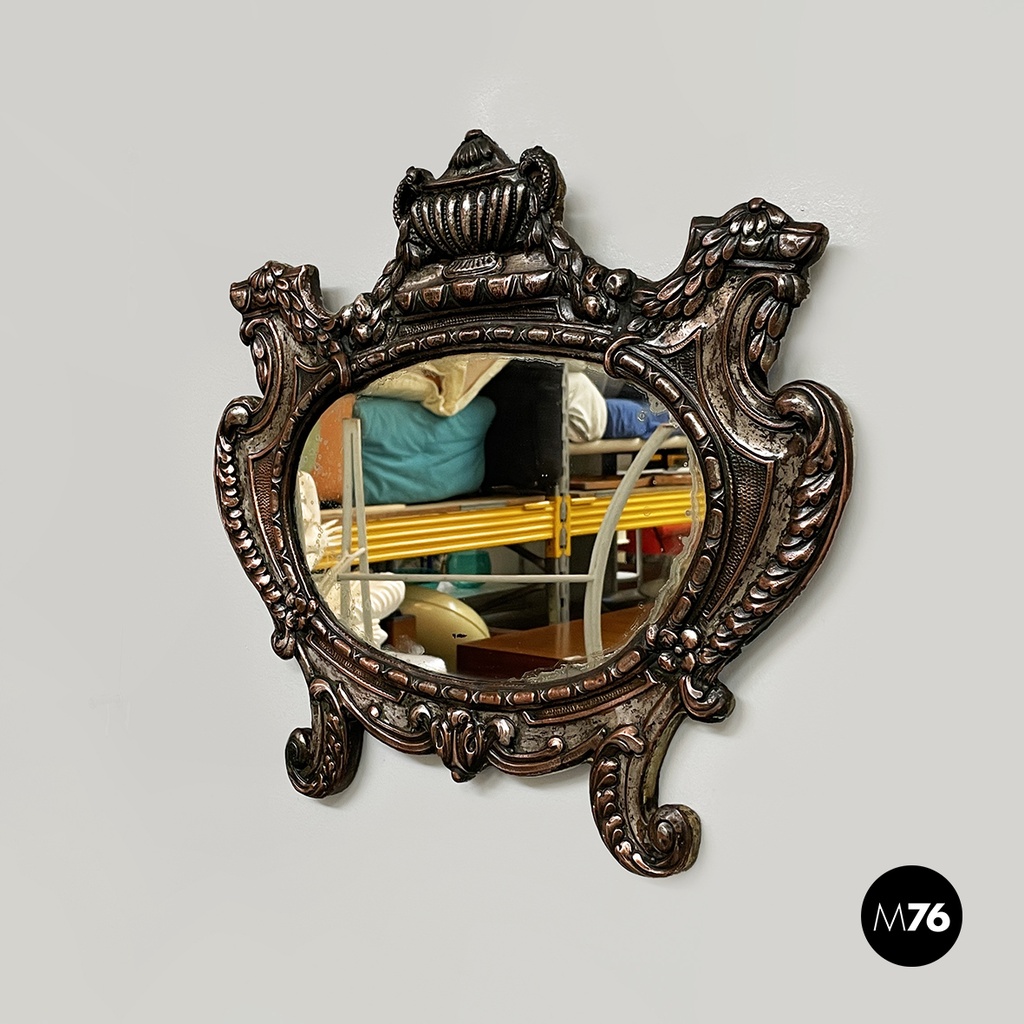 Italian finely crafted oval wall mirror in silvered copper, early 1900s