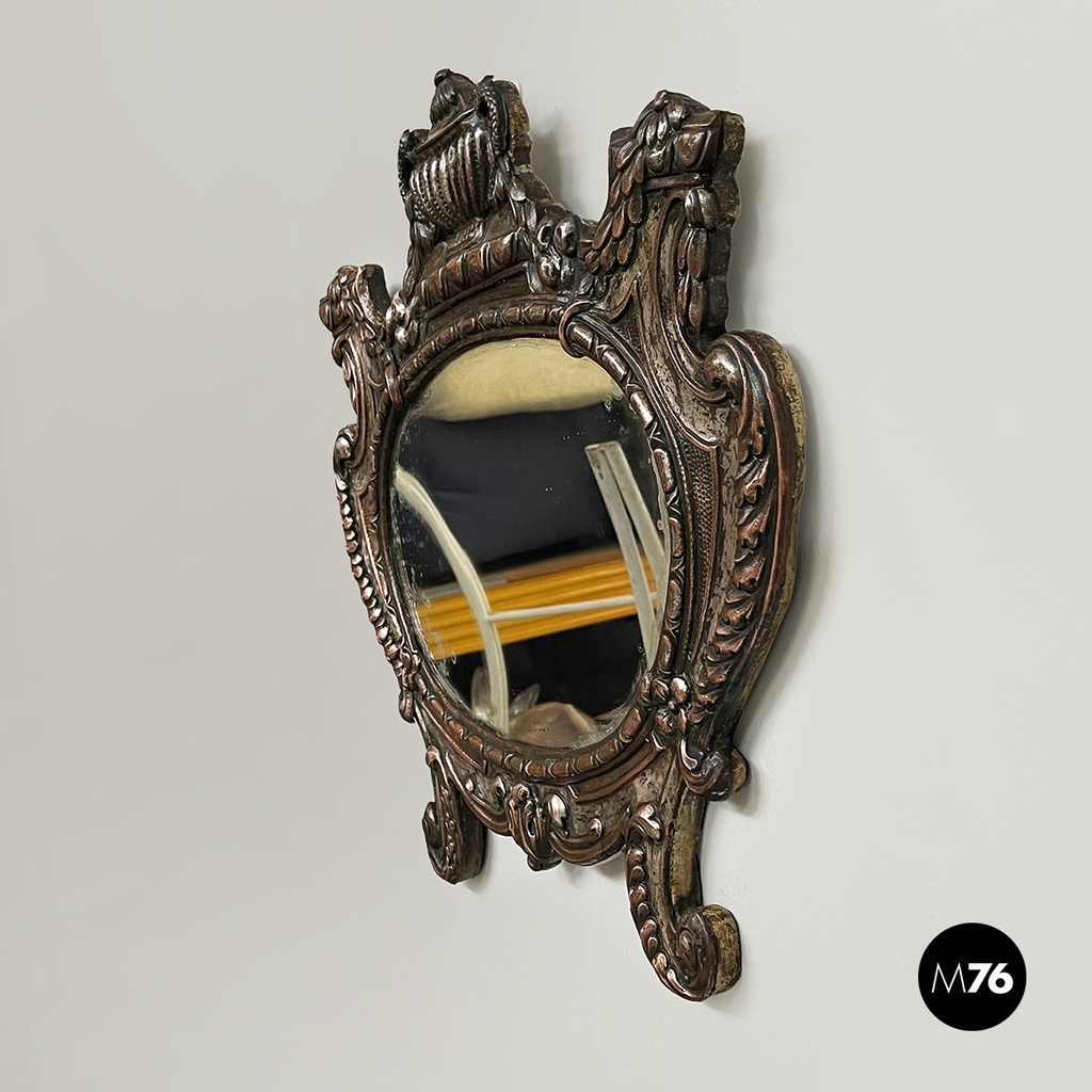 Italian finely crafted oval wall mirror in silvered copper, early 1900s