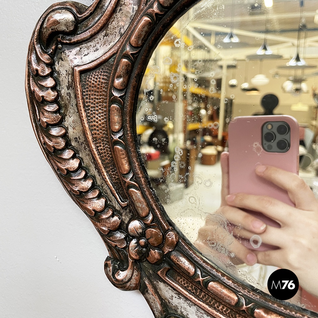 Italian finely crafted oval wall mirror in silvered copper, early 1900s