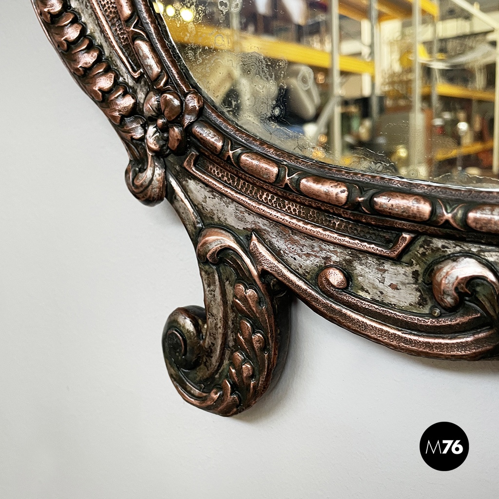 Italian finely crafted oval wall mirror in silvered copper, early 1900s