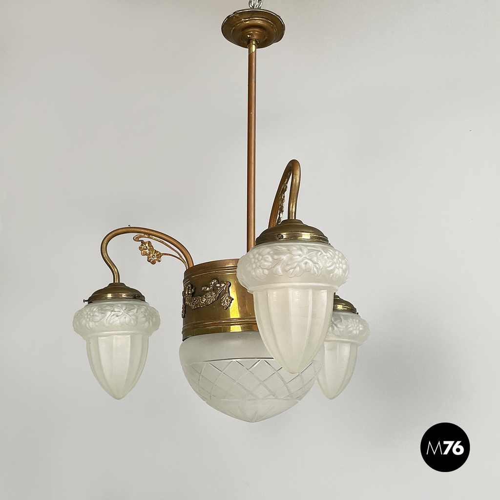Italian liberty Chandelier in molded satin glass and brass, early 1900s