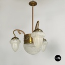 Italian liberty Chandelier in molded satin glass and brass, early 1900s