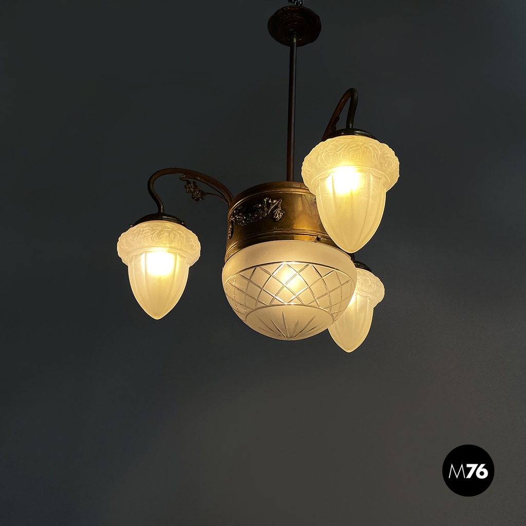 Italian liberty Chandelier in molded satin glass and brass, early 1900s