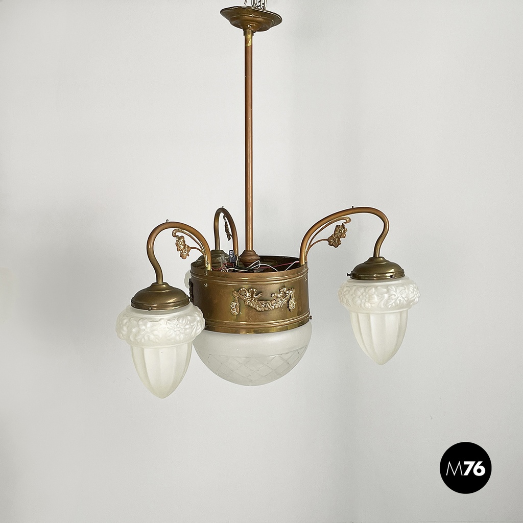 Italian liberty Chandelier in molded satin glass and brass, early 1900s