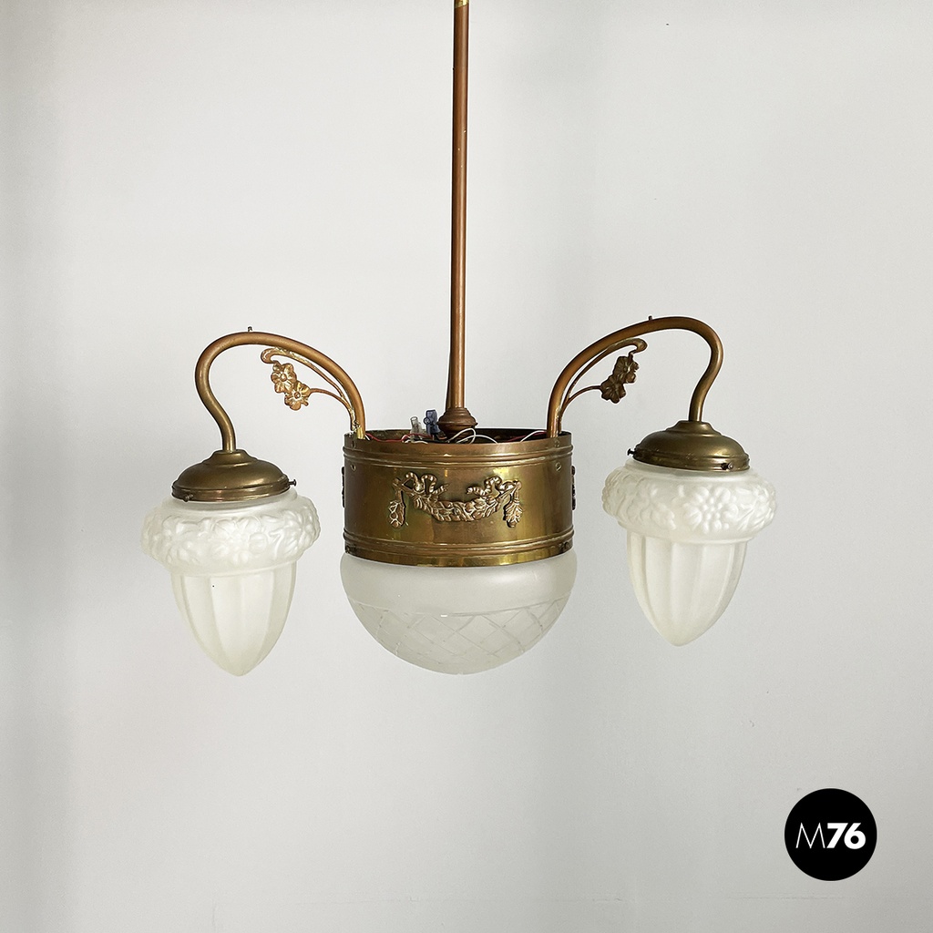 Italian liberty Chandelier in molded satin glass and brass, early 1900s