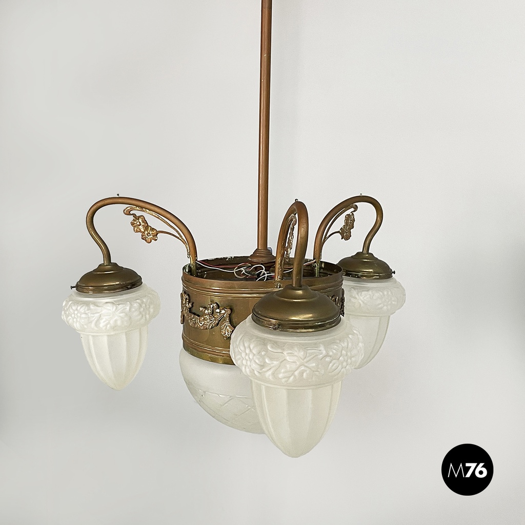 Italian liberty Chandelier in molded satin glass and brass, early 1900s