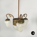 Italian liberty Chandelier in molded satin glass and brass, early 1900s