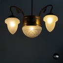 Italian liberty Chandelier in molded satin glass and brass, early 1900s