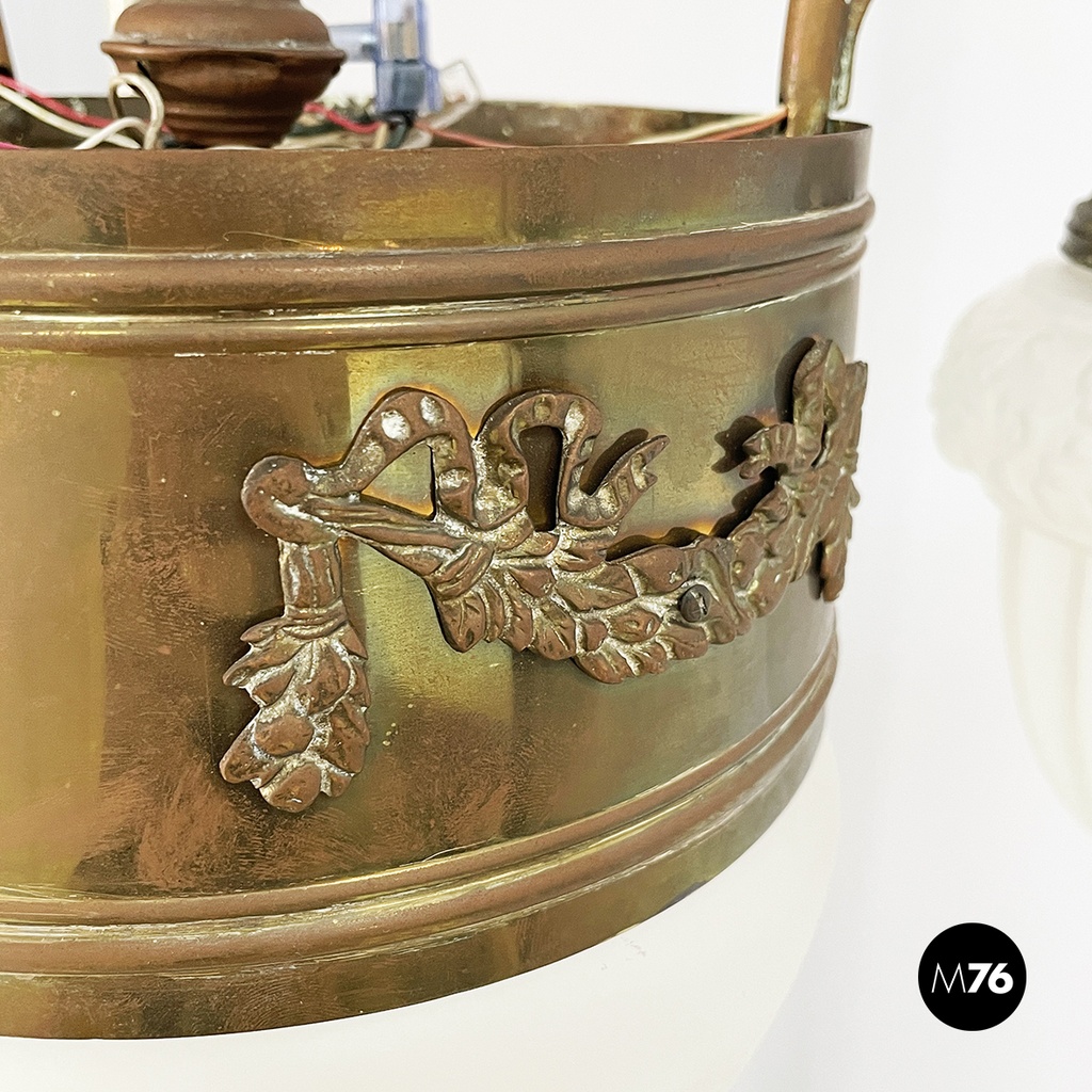 Italian liberty Chandelier in molded satin glass and brass, early 1900s