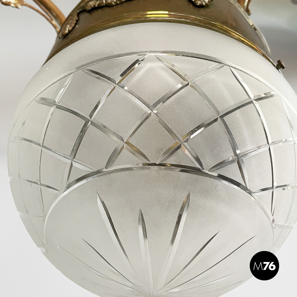 Italian liberty Chandelier in molded satin glass and brass, early 1900s