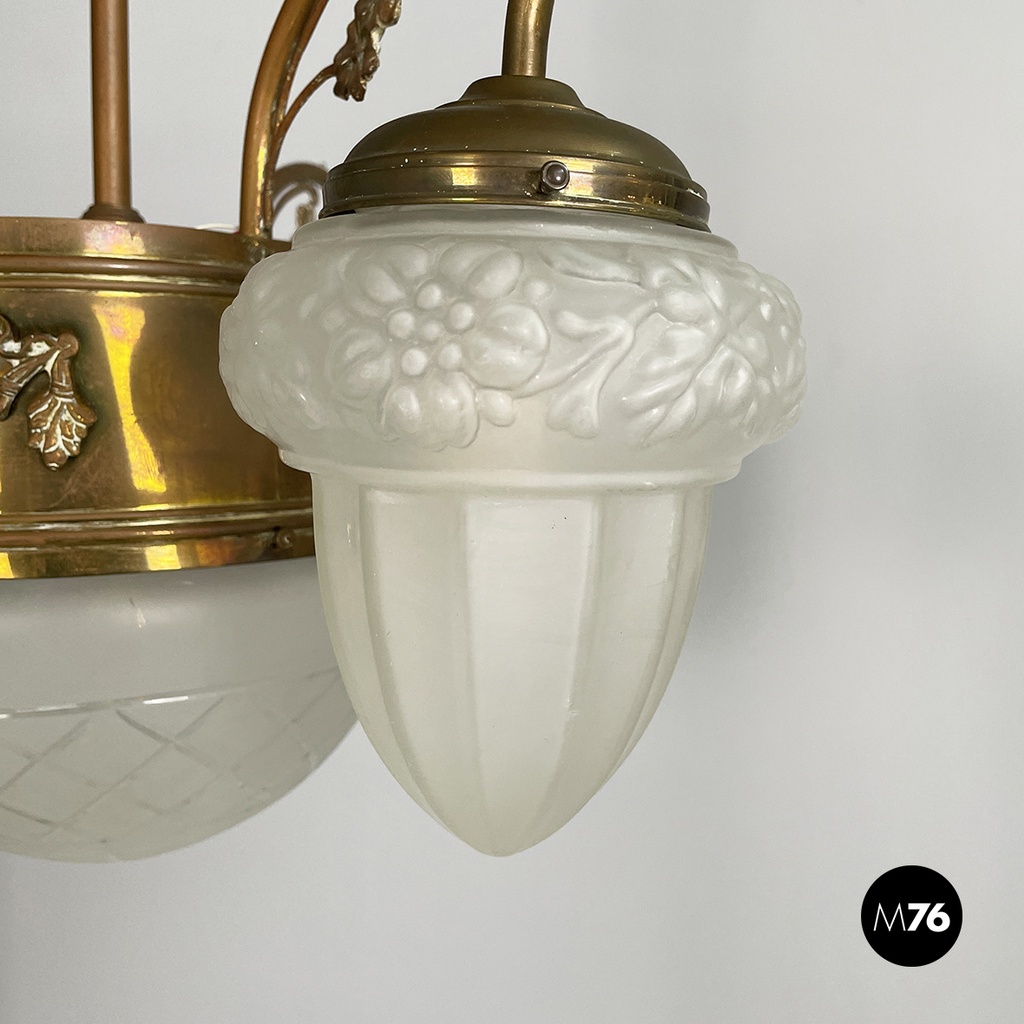 Italian liberty Chandelier in molded satin glass and brass, early 1900s