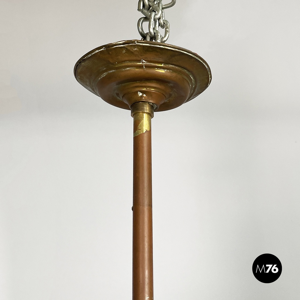Italian liberty Chandelier in molded satin glass and brass, early 1900s