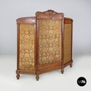 Italian Art Nouveau wood and brown fabric screen with floral pattern, late 1800s