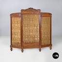 Italian Art Nouveau wood and brown fabric screen with floral pattern, late 1800s