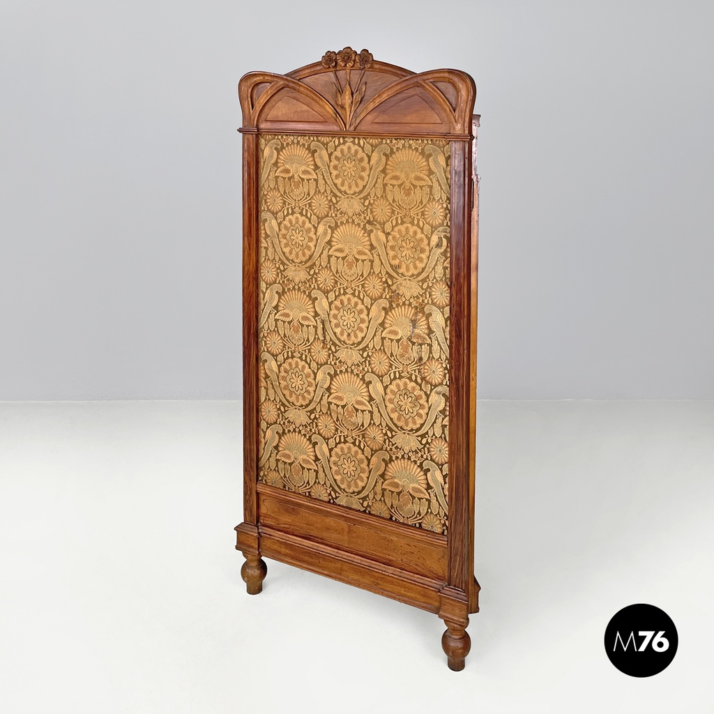 Italian Art Nouveau wood and brown fabric screen with floral pattern, late 1800s