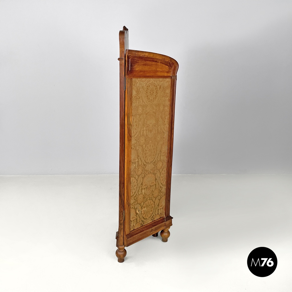 Italian Art Nouveau wood and brown fabric screen with floral pattern, late 1800s