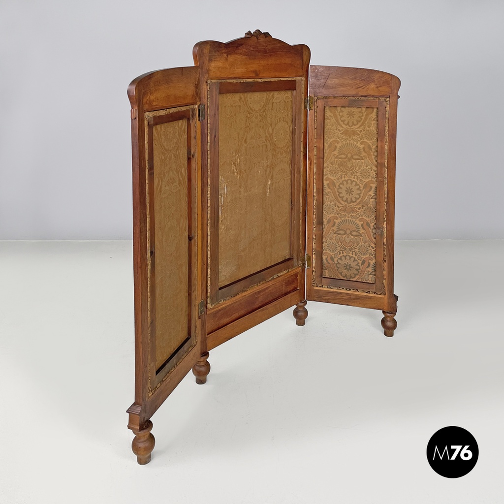 Italian Art Nouveau wood and brown fabric screen with floral pattern, late 1800s