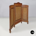 Italian Art Nouveau wood and brown fabric screen with floral pattern, late 1800s