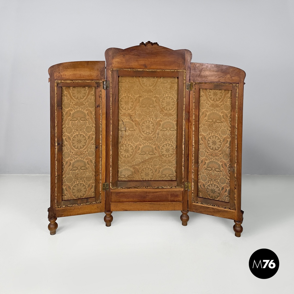 Italian Art Nouveau wood and brown fabric screen with floral pattern, late 1800s