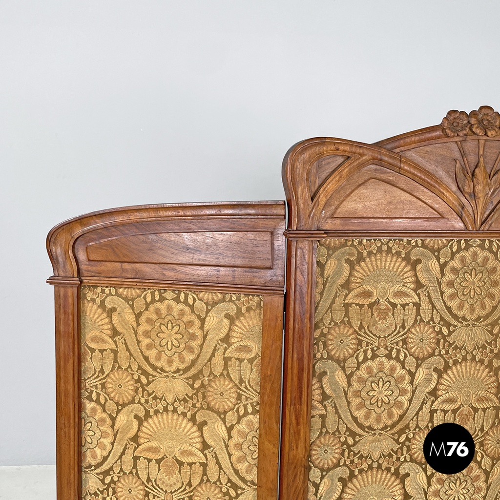 Italian Art Nouveau wood and brown fabric screen with floral pattern, late 1800s