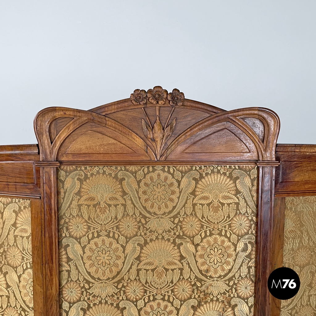 Italian Art Nouveau wood and brown fabric screen with floral pattern, late 1800s