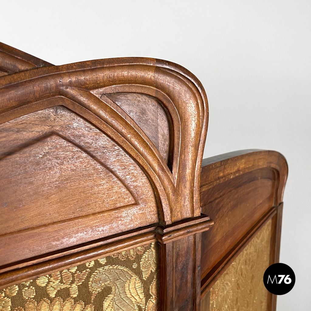 Italian Art Nouveau wood and brown fabric screen with floral pattern, late 1800s