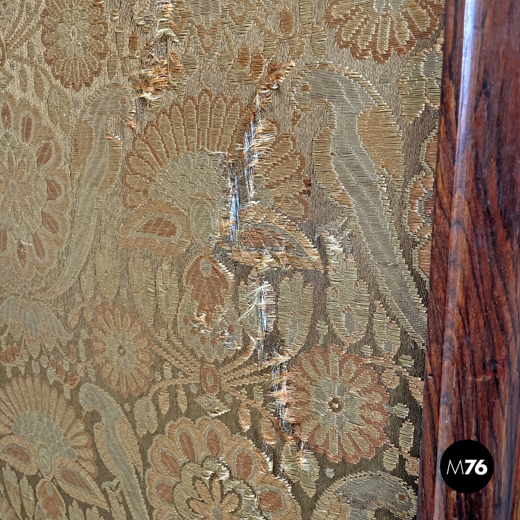 Italian Art Nouveau wood and brown fabric screen with floral pattern, late 1800s